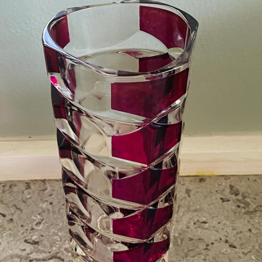 Luminarc Ruby Red Glass Vase: 1970s Retro Geometric Windsor Rubis